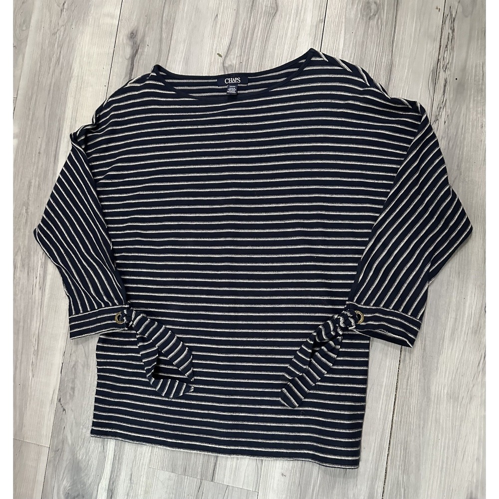CHAPS Striped Sailor Top Women's Sz SP‎ Navy White Boat Neck Sleeve Ties Cotton